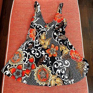 Women's Swim Dress in Floral Print, Black, Orange, White Size 8